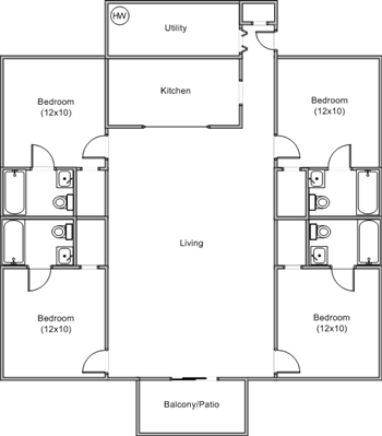 University Commons four-bedroom, four-bathroom floor plan, with bedrooms around a shared kitchen and living area, utility room, and balcony or patio